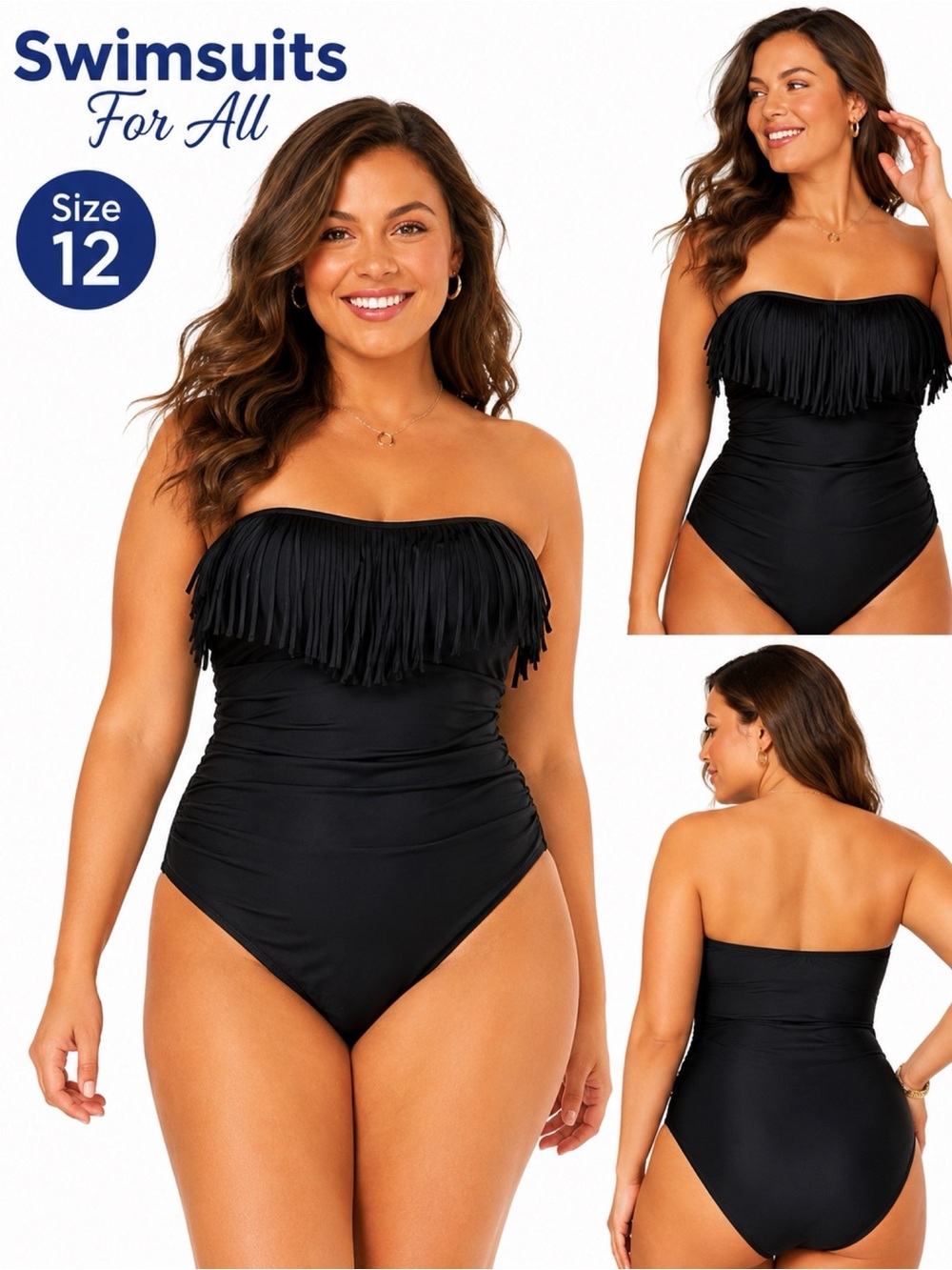 SWIMSUITS FOR ALL Black Fringe One Piece Swimsuit Size 12